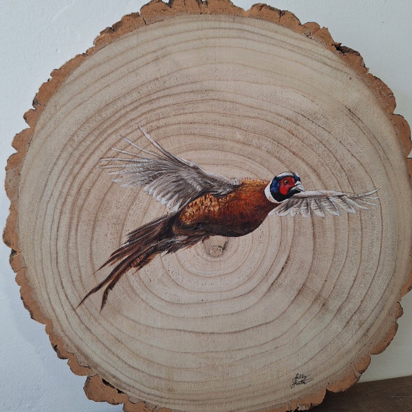 Hand Painted Pheasant Log Slice | Rustic Woodland Wildlife Art