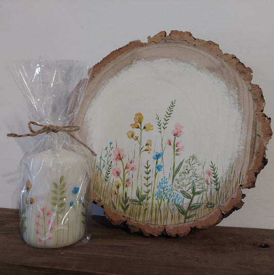 Log Slice Floral Painting & Candle Set