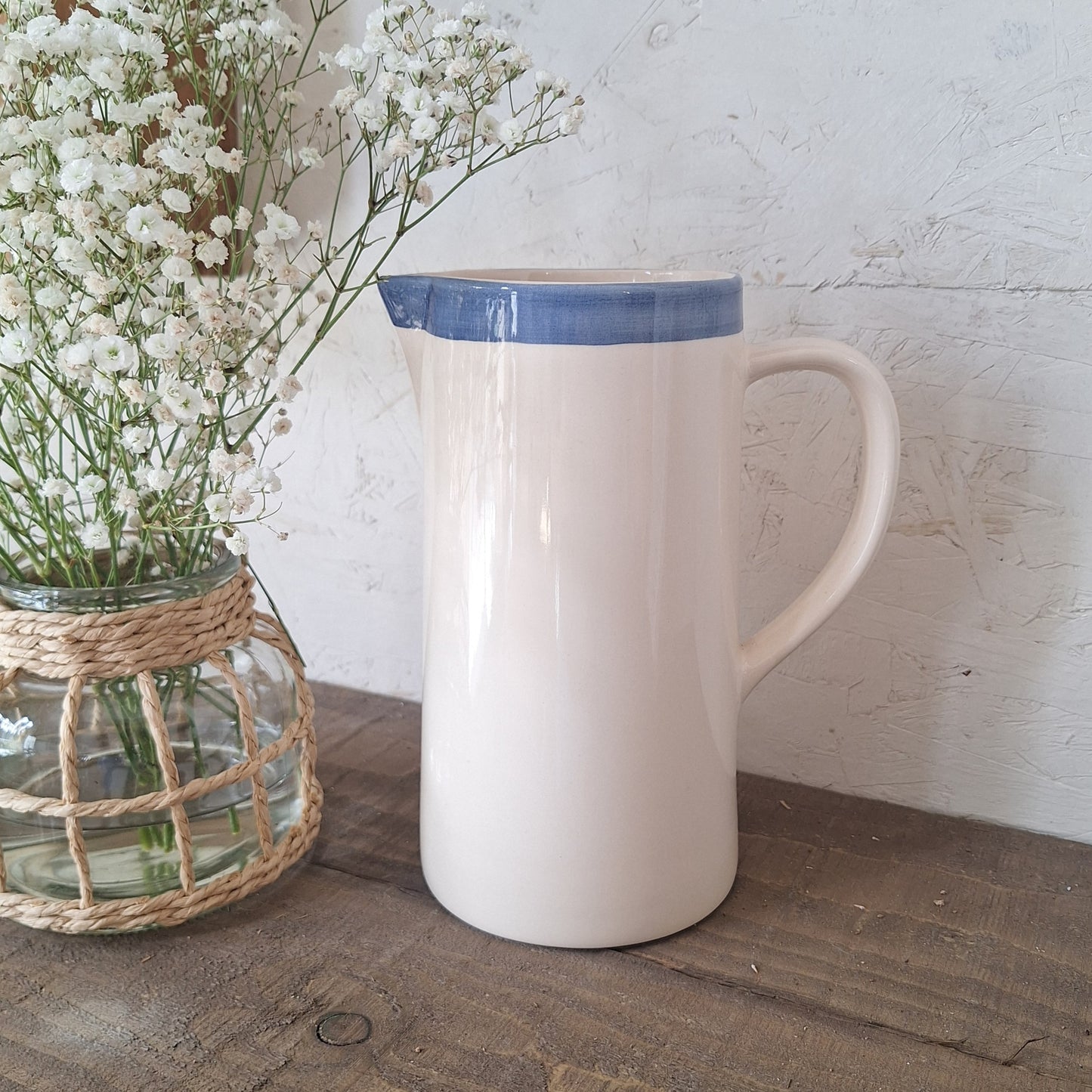 Rustic White Ceramic Jug with Blue Rim