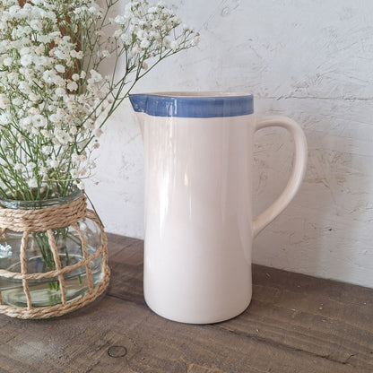 Rustic White Ceramic Jug with Blue Rim
