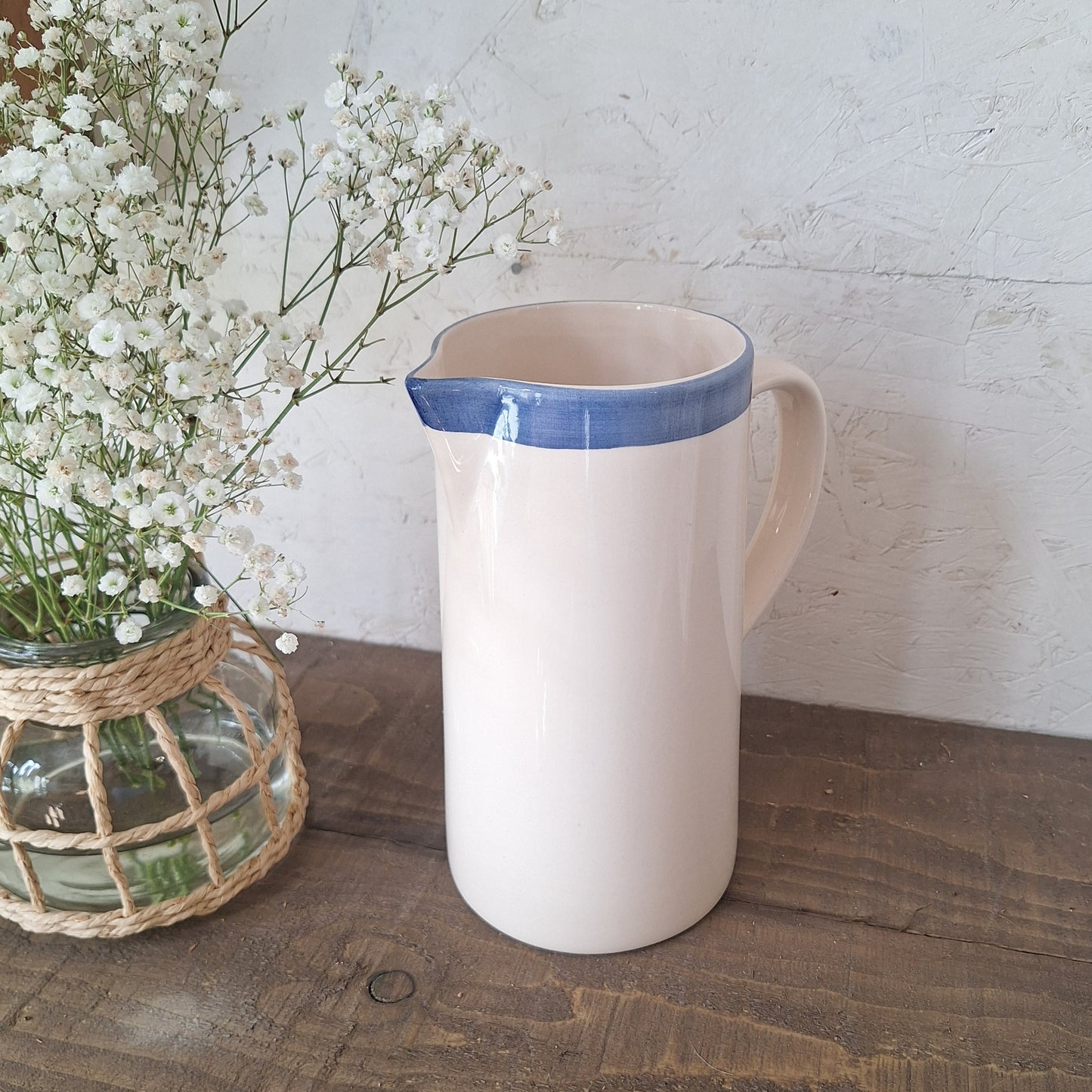 Rustic White Ceramic Jug with Blue Rim