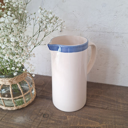 Rustic White Ceramic Jug with Blue Rim