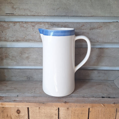 Rustic White Ceramic Jug with Blue Rim