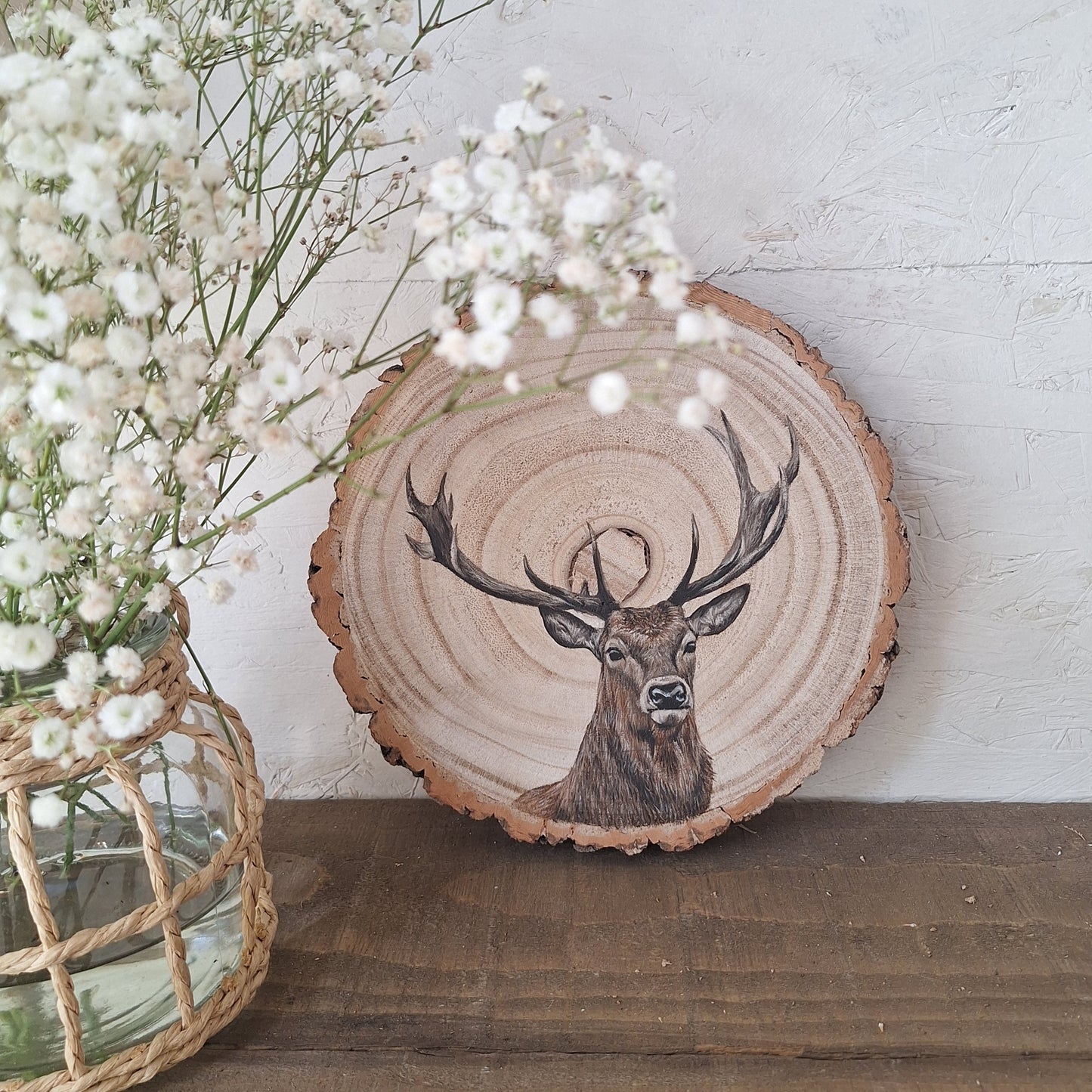 Hand Painted Stag Log Slice | Rustic Woodland Wall Art