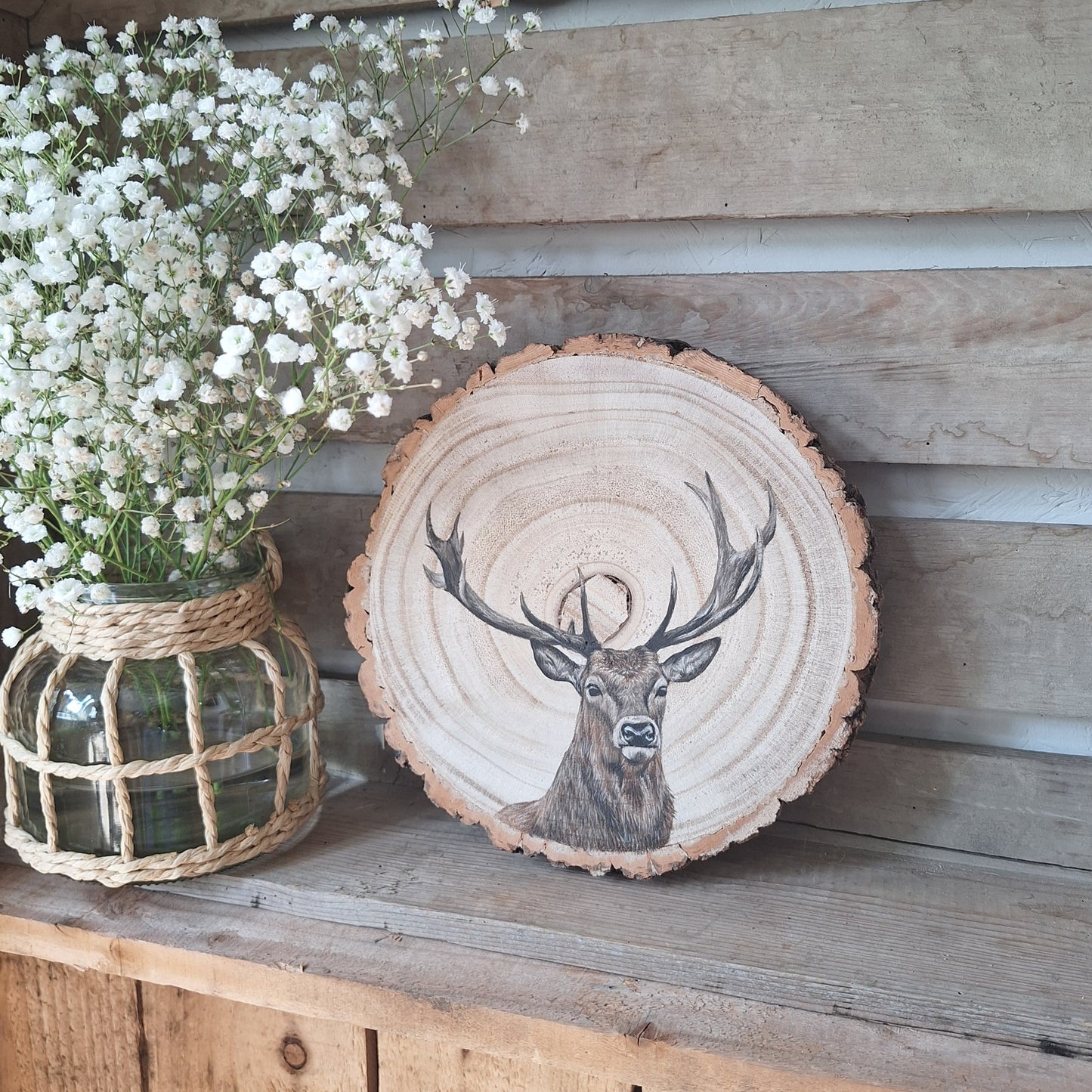 Hand Painted Stag Log Slice | Rustic Woodland Wall Art