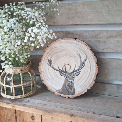 Hand Painted Stag Log Slice | Rustic Woodland Wall Art
