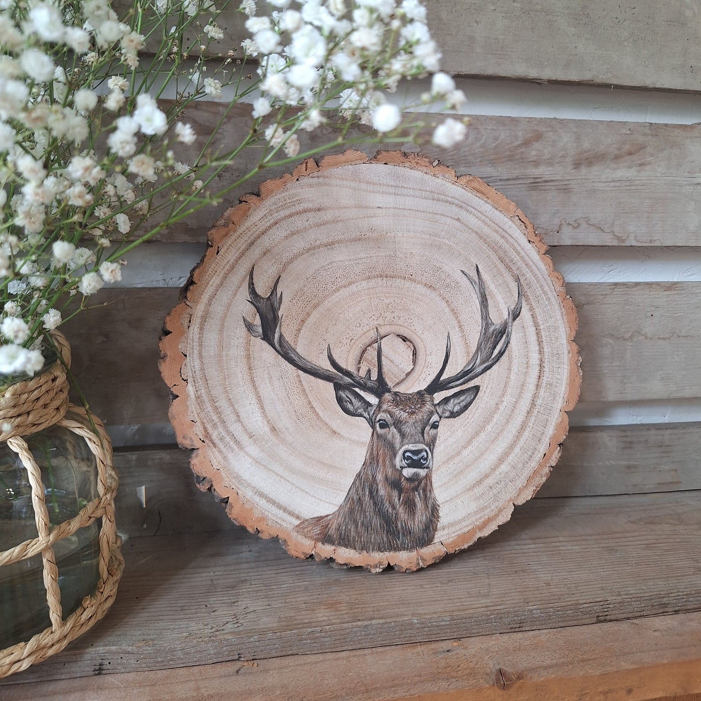 Hand Painted Stag Log Slice | Rustic Woodland Wall Art