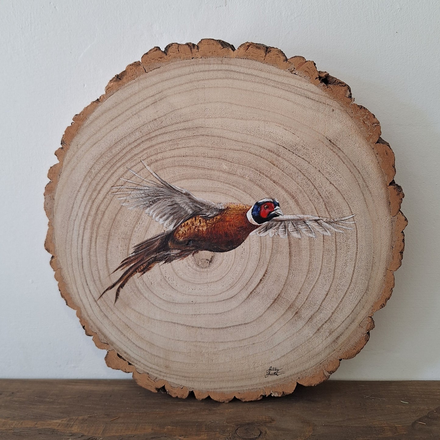 Hand Painted Pheasant Log Slice | Rustic Woodland Wildlife Art