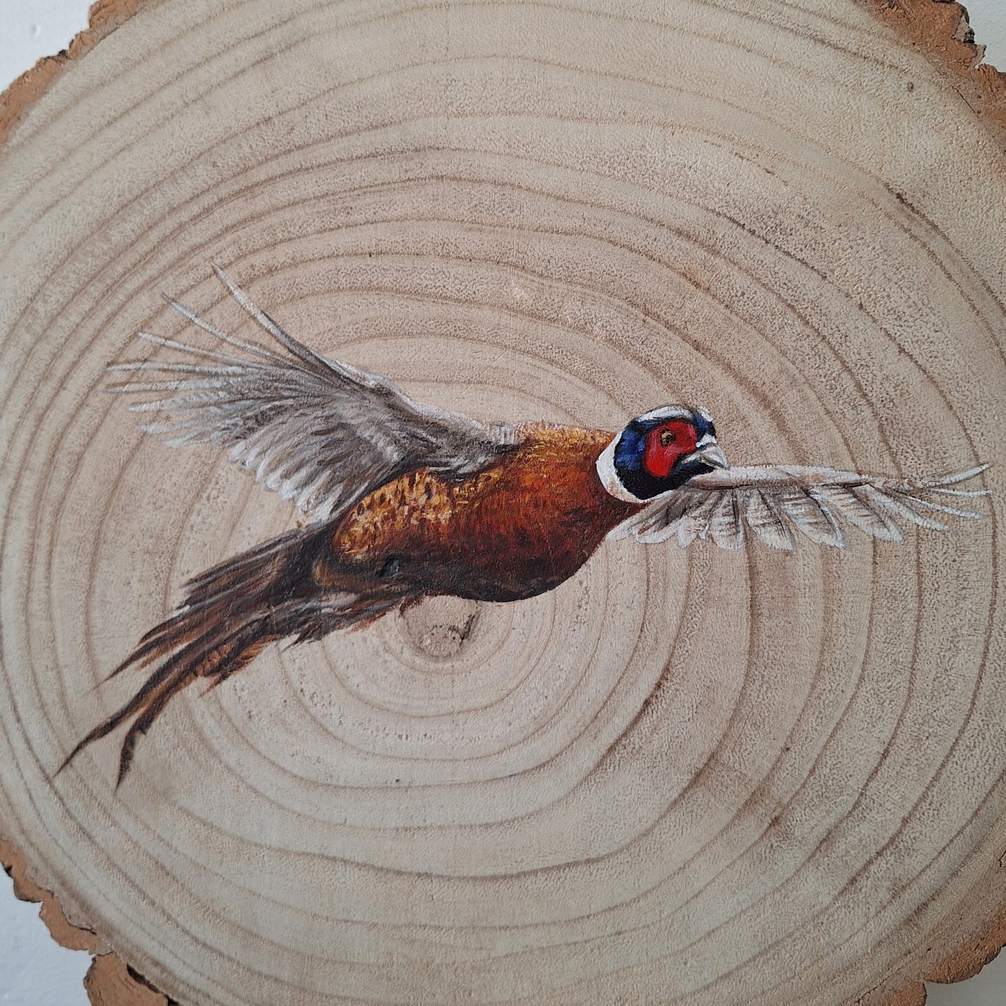 Hand Painted Pheasant Log Slice | Rustic Woodland Wildlife Art