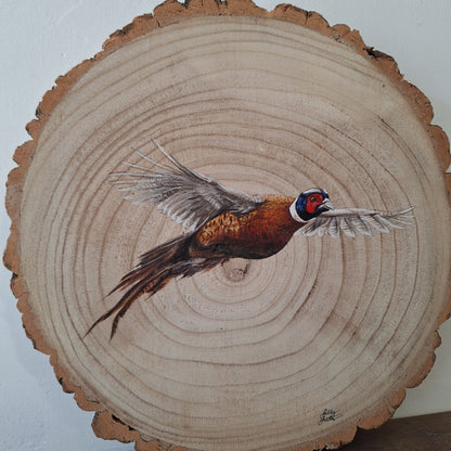 Hand Painted Pheasant Log Slice | Rustic Woodland Wildlife Art