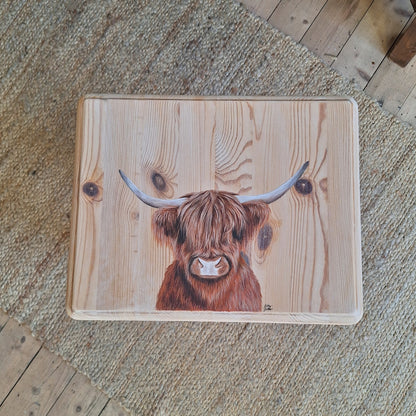 Hand Painted Highland Cow Upcycled Wooden Table