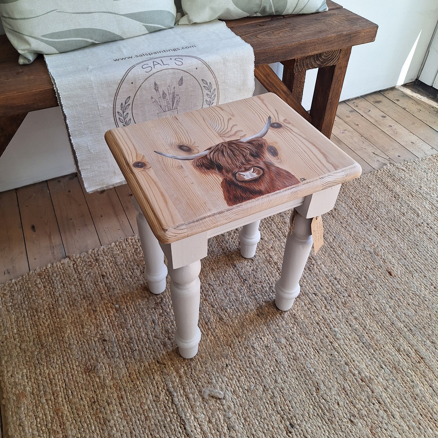 Hand Painted Highland Cow Upcycled Wooden Table