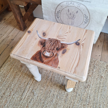 Hand Painted Highland Cow Upcycled Wooden Table