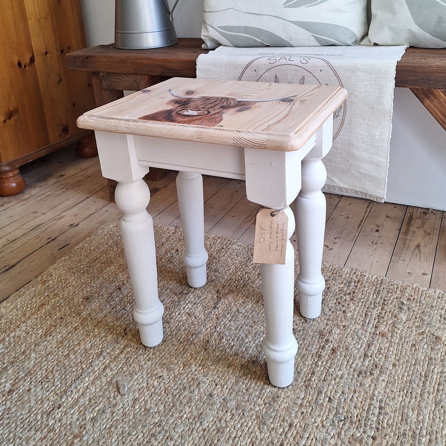 Hand Painted Highland Cow Upcycled Wooden Table