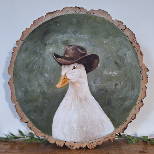 Howdy Duck – Original Painting on Log Slice