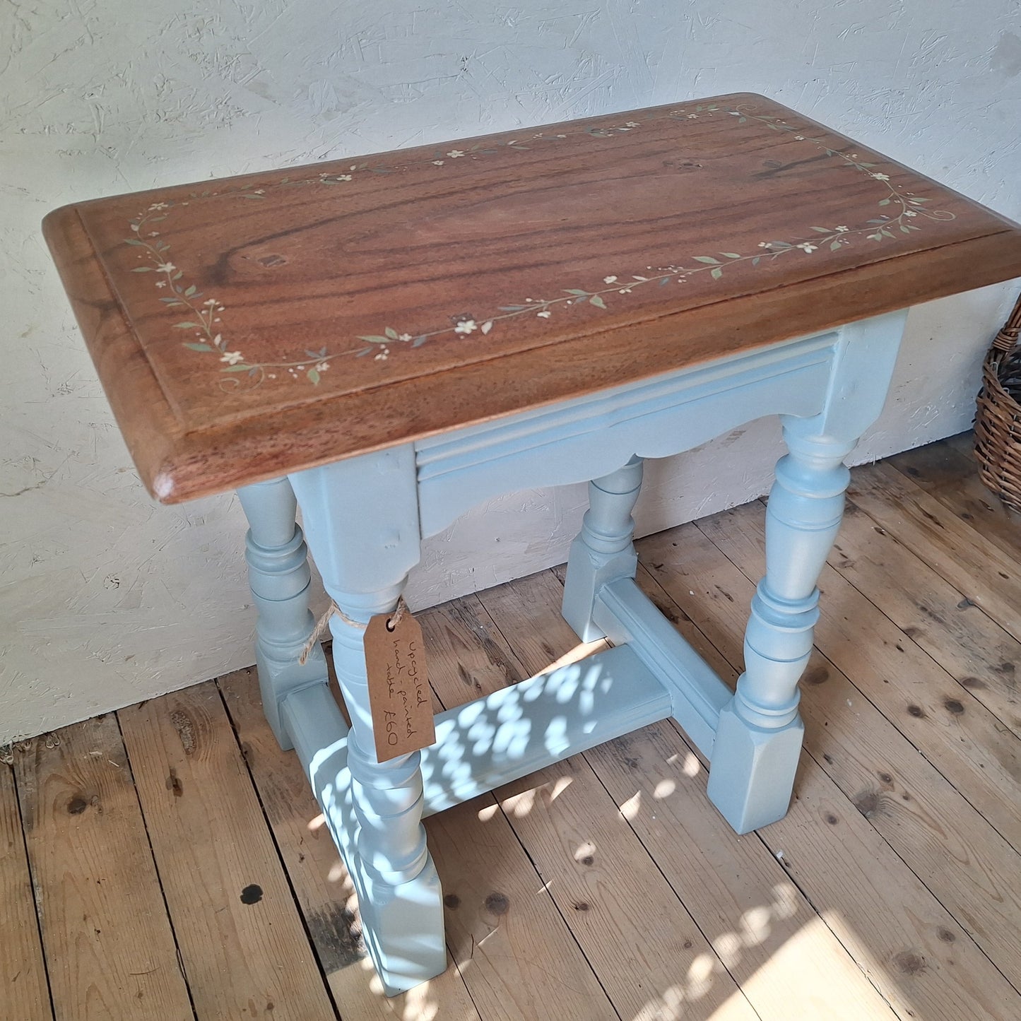 Upcycled Wooden Side Table with Hand-Painted Floral Design