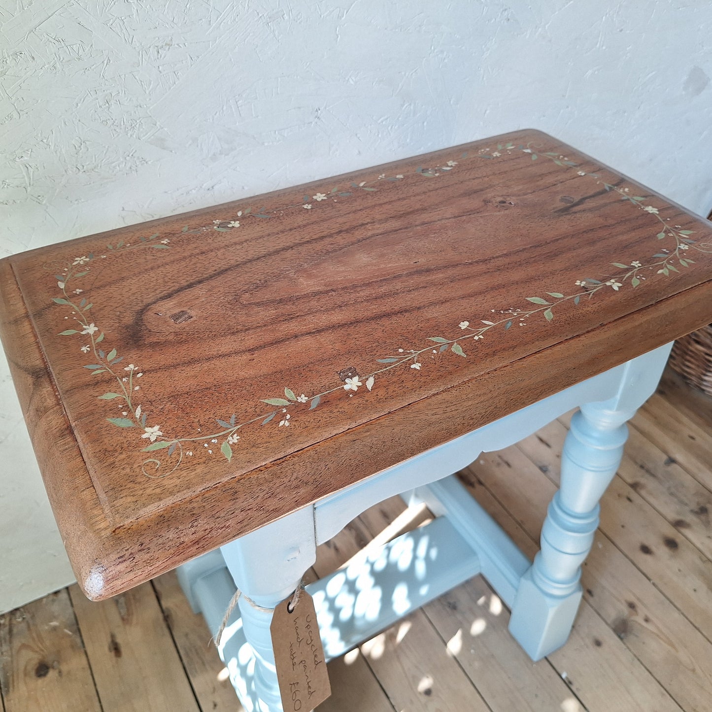 Upcycled Wooden Side Table with Hand-Painted Floral Design