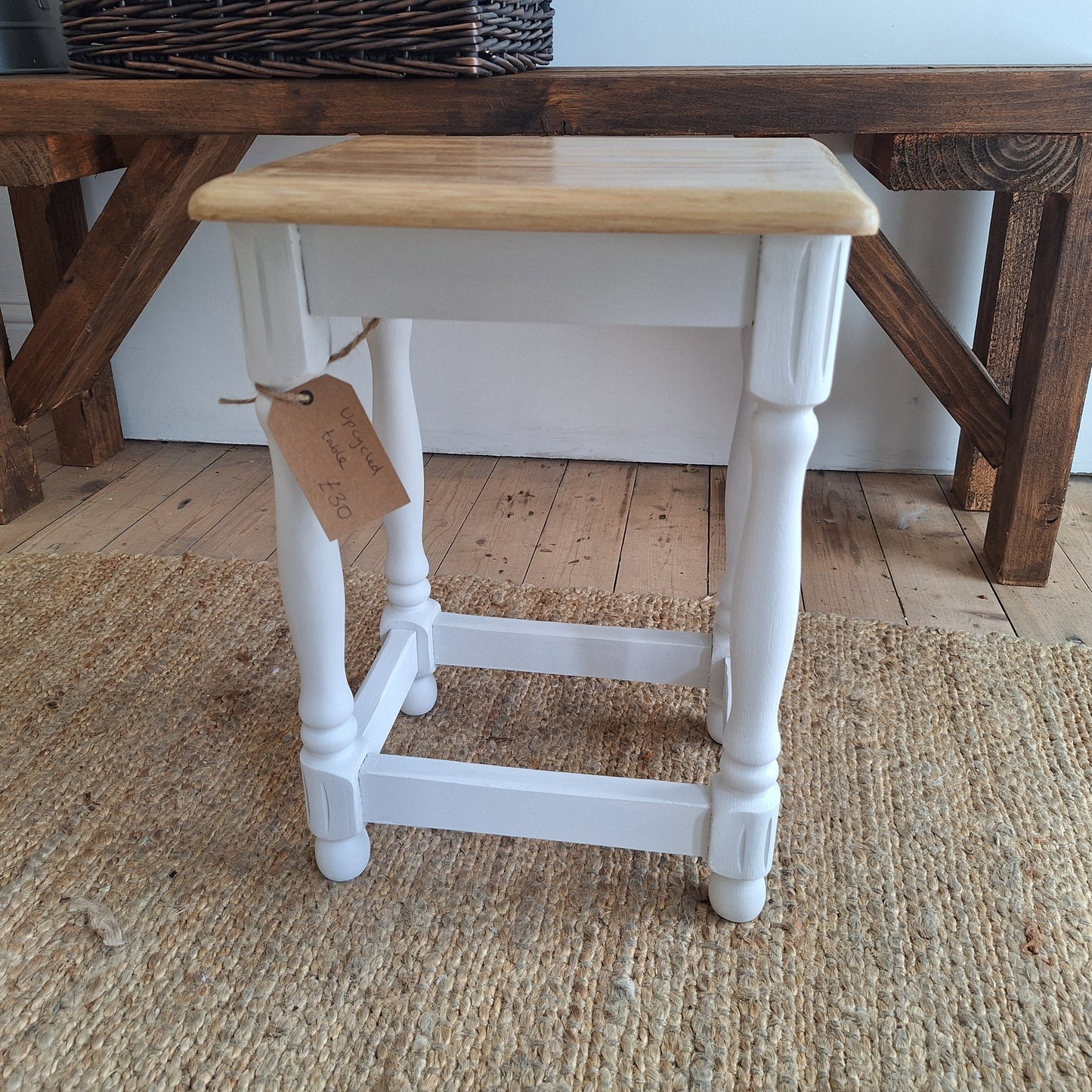 Upcycled Wooden Side Table - Off-White & Natural Wood