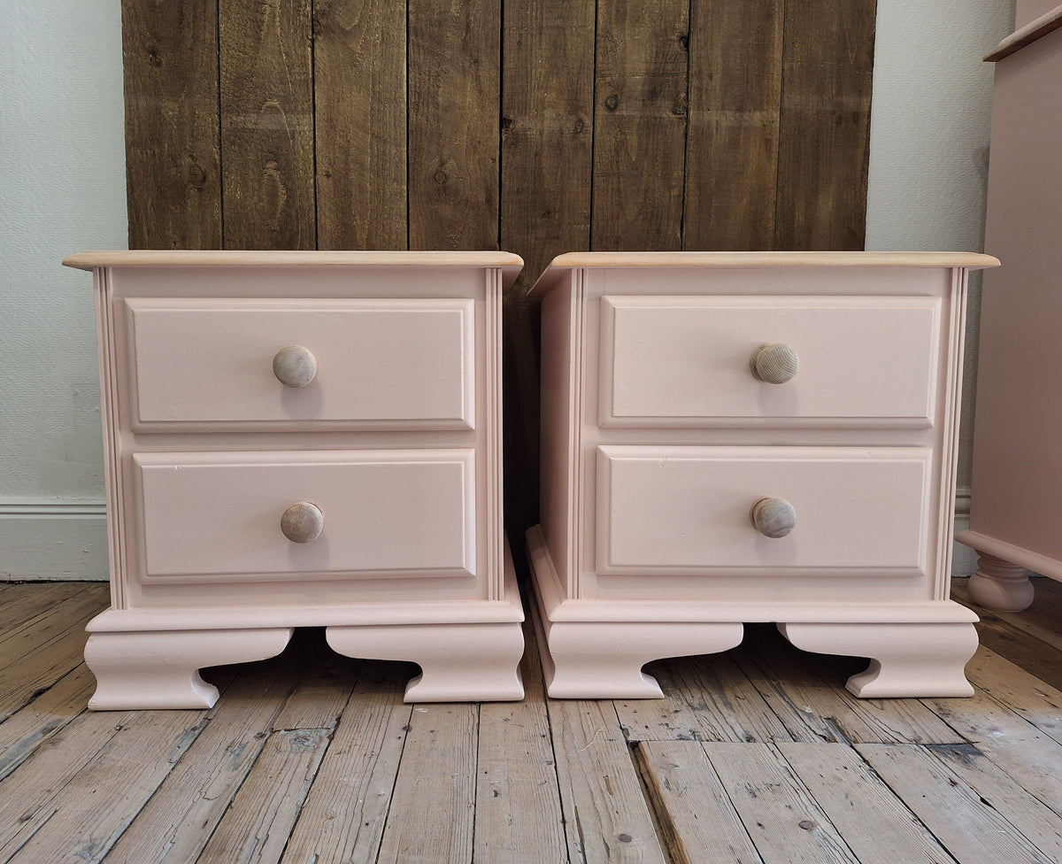 Blush Pink & Natural Wood Bedroom Furniture Set – Chest of Drawers & Bedside Tabless