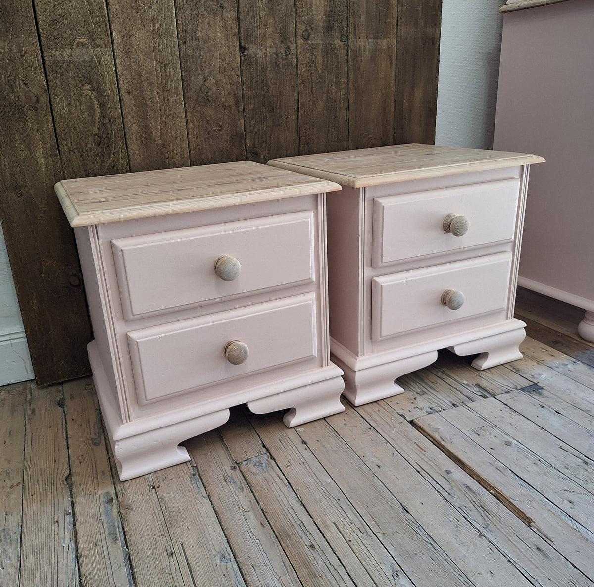Blush Pink & Natural Wood Bedroom Furniture Set – Chest of Drawers & Bedside Tabless