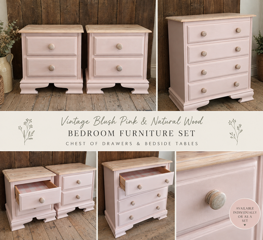 Blush Pink & Natural Wood Bedroom Furniture Set – Chest of Drawers & Bedside Tabless
